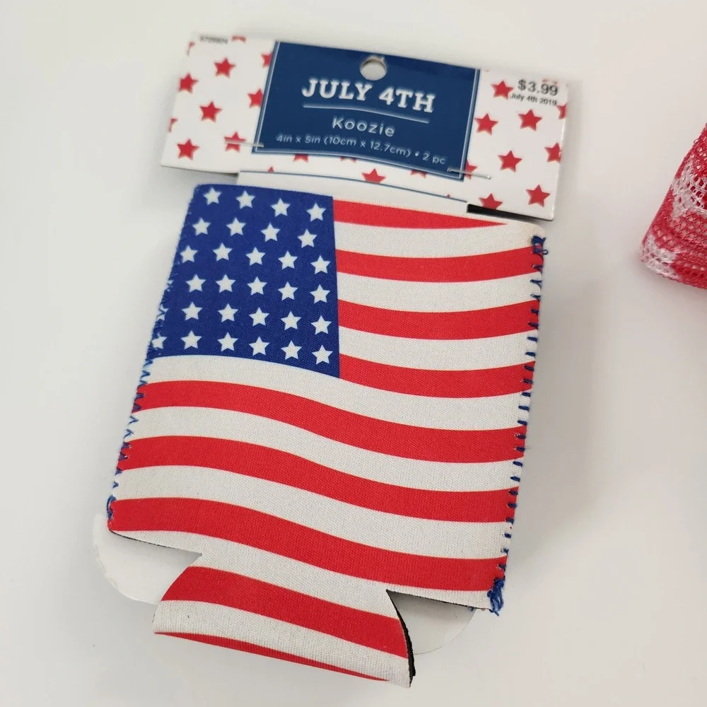 July‎ 4th American Flag Koozie Can Cooler & Red Star Mesh Trucker Hat Set NEW